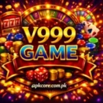 V999 Game APK promotional banner showing secure wallet system, slot graphics, coins, and fast withdrawal highlights